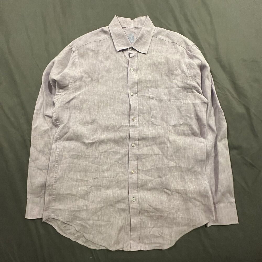 J Mclaughlin Shirt Mens M Button Up 100% Linen Beach Summer Dress Casual Purple